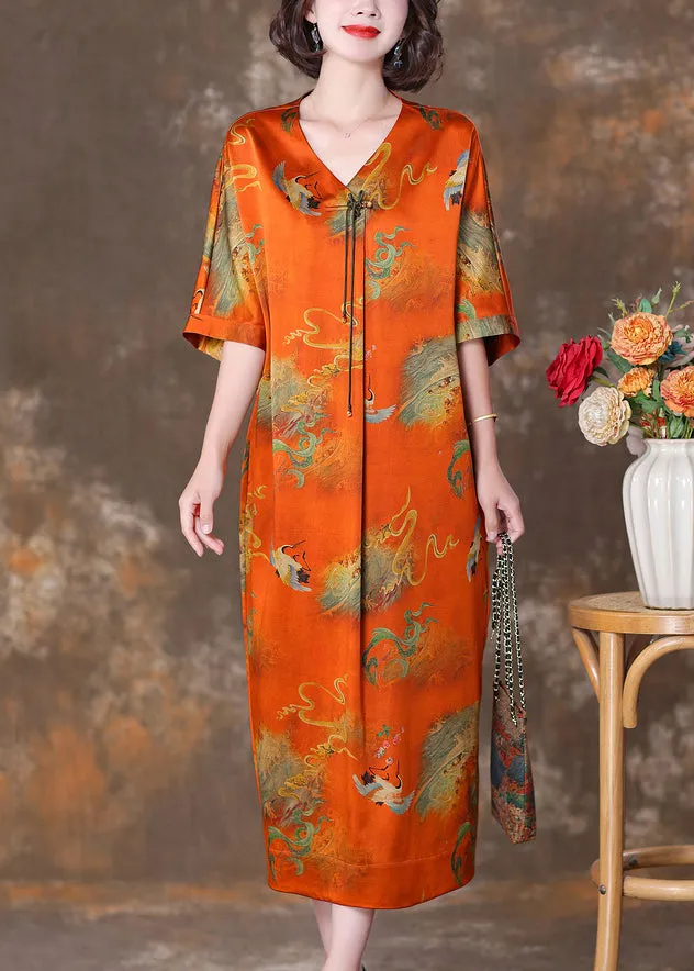 FLYTONN- Elegant Orange V Neck Button Print Silk Long Dresses Summer OP1070