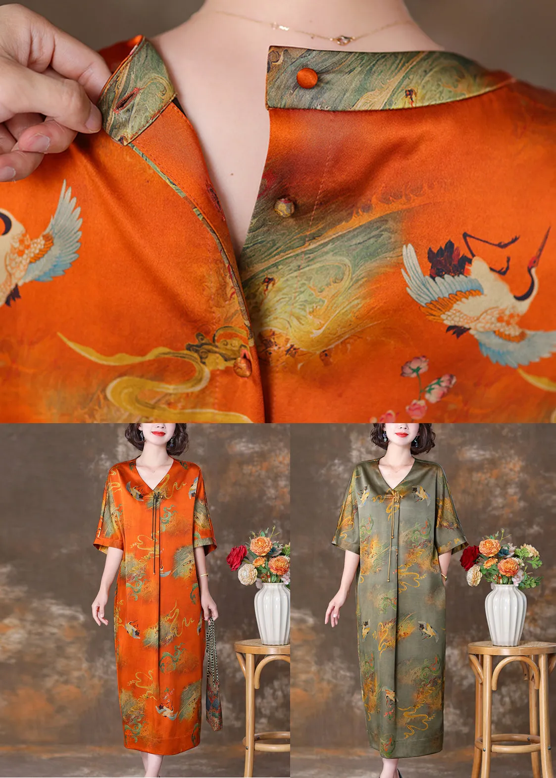 FLYTONN- Elegant Orange V Neck Button Print Silk Long Dresses Summer OP1070