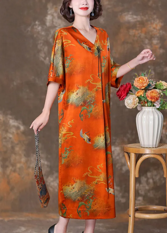 FLYTONN- Elegant Orange V Neck Button Print Silk Long Dresses Summer OP1070