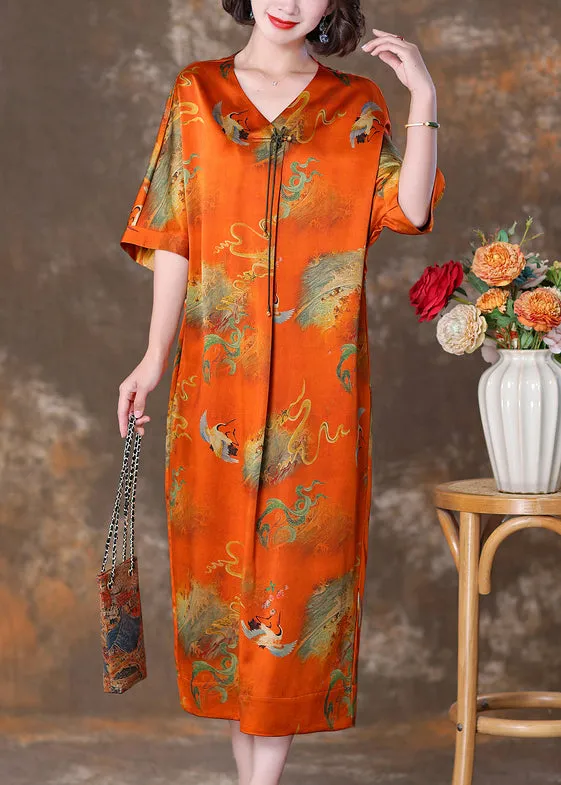 FLYTONN- Elegant Orange V Neck Button Print Silk Long Dresses Summer OP1070