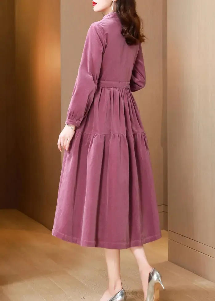 French Pink Stand Collar Tie Waist Patchwork Corduroy Dresses Fall ML2804