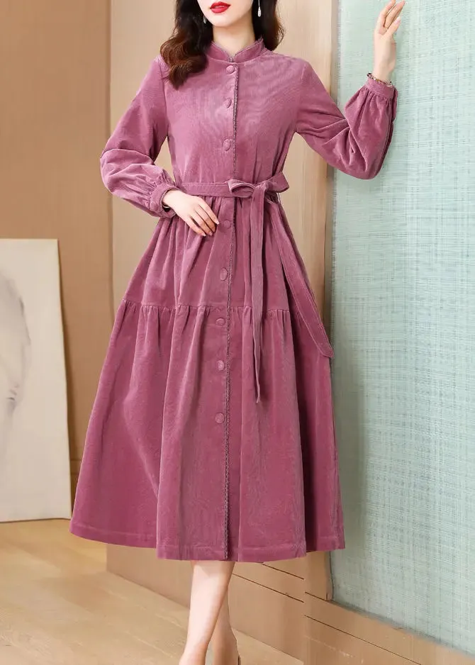 French Pink Stand Collar Tie Waist Patchwork Corduroy Dresses Fall ML2804