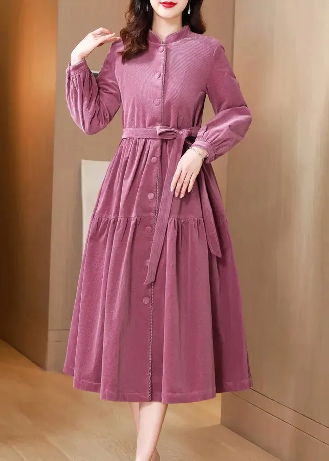 French Pink Stand Collar Tie Waist Patchwork Corduroy Dresses Fall ML2804