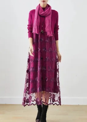 French Purple Embroideried Patchwork Knit Vacation Dresses Fall ML3266