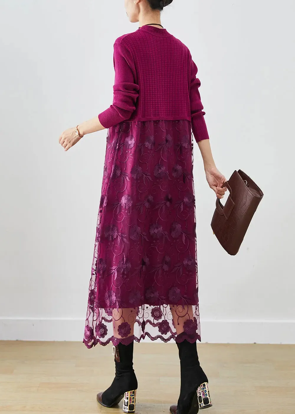 French Purple Embroideried Patchwork Knit Vacation Dresses Fall ML3266