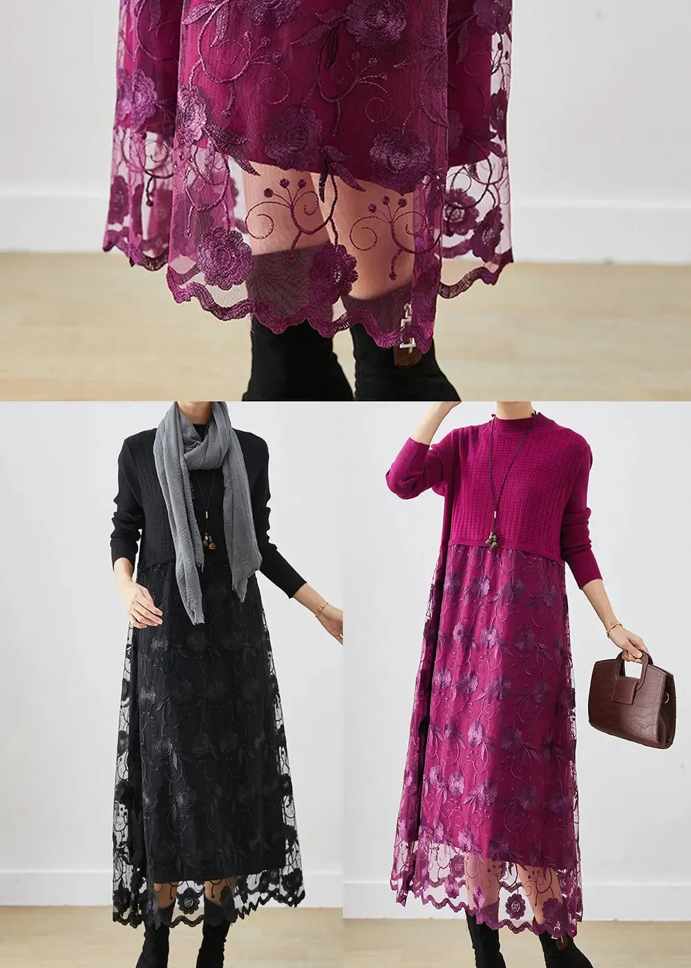 French Purple Embroideried Patchwork Knit Vacation Dresses Fall ML3266