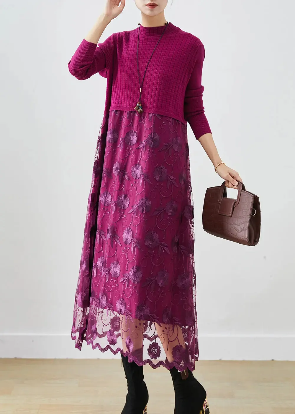 French Purple Embroideried Patchwork Knit Vacation Dresses Fall ML3266