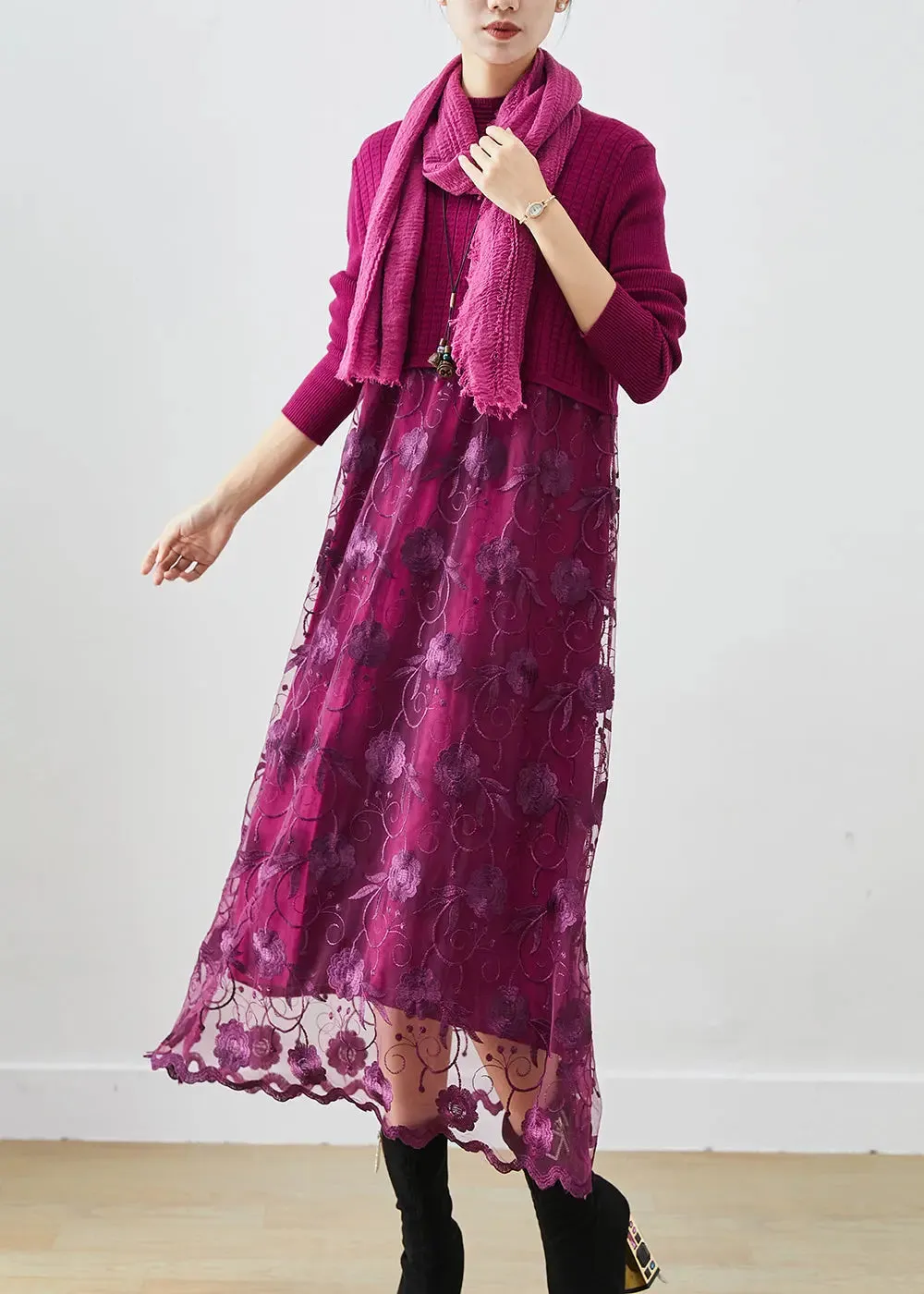 French Purple Embroideried Patchwork Knit Vacation Dresses Fall ML3266