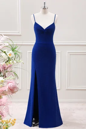 Glitter Dark Blue Mermaid Spaghetti Straps Maxi Dress with Slit