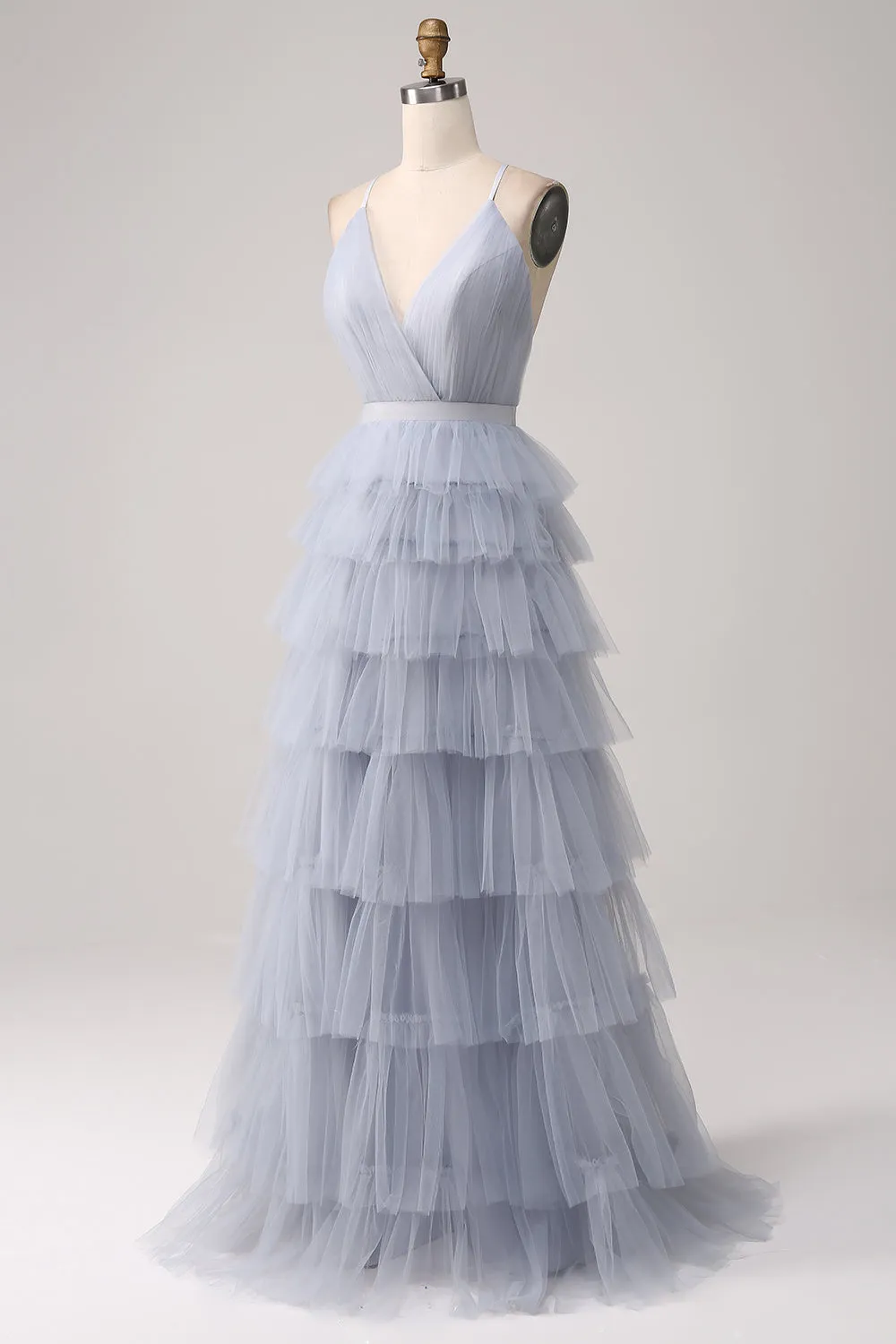 Grey Blue A Line Tiered Tulle Backless Maxi Dress