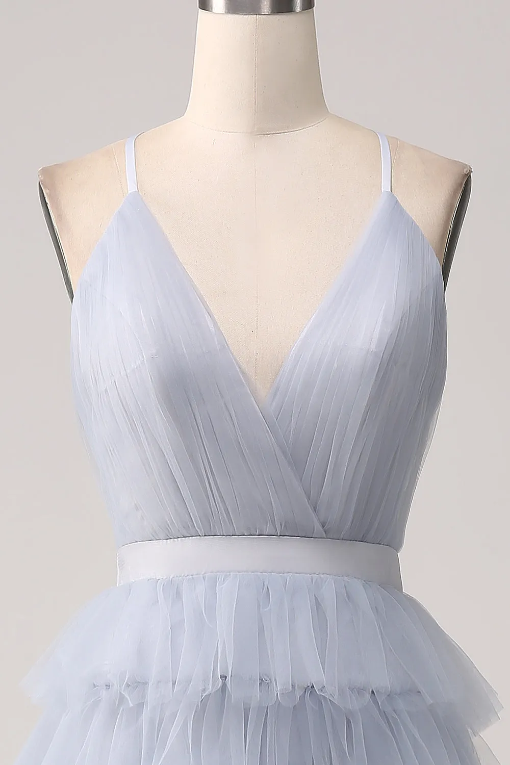 Grey Blue A Line Tiered Tulle Backless Maxi Dress