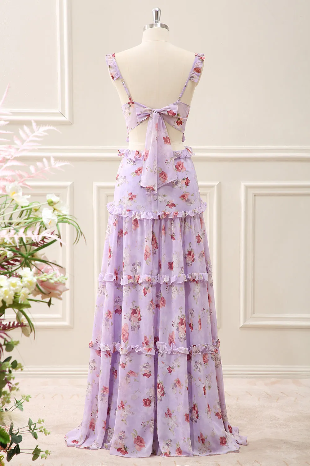 Grey Purple A Line Ruffled Cut Out Floral Maxi Dress