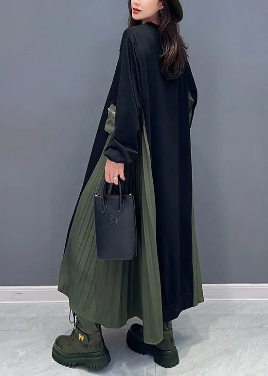 Italian Black O Neck Wrinkled Patchwork Cotton Long Dresses Fall ML1470