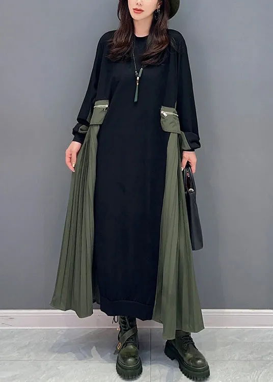 Italian Black O Neck Wrinkled Patchwork Cotton Long Dresses Fall ML1470