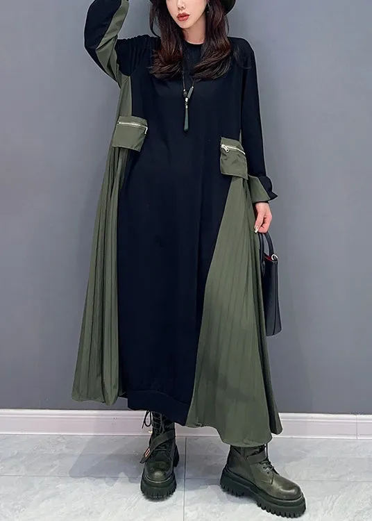 Italian Black O Neck Wrinkled Patchwork Cotton Long Dresses Fall ML1470