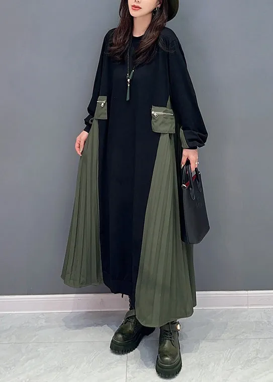 Italian Black O Neck Wrinkled Patchwork Cotton Long Dresses Fall ML1470