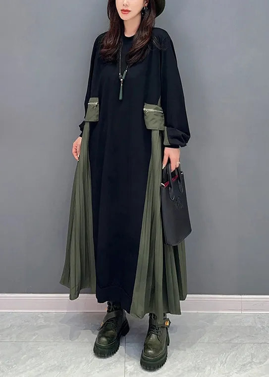 Italian Black O Neck Wrinkled Patchwork Cotton Long Dresses Fall ML1470