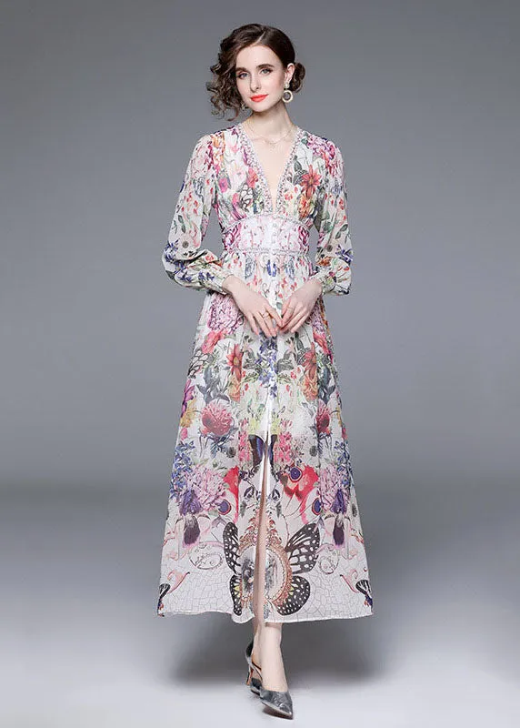 Italian Floral V Neck Front Open Patchwork Chiffon Vacation Dresses Long Sleeve LY7401