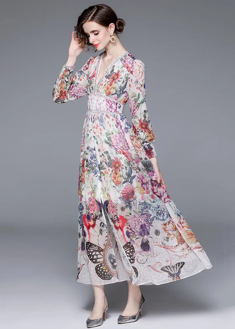 Italian Floral V Neck Front Open Patchwork Chiffon Vacation Dresses Long Sleeve LY7401