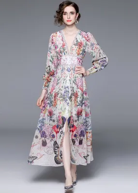 Italian Floral V Neck Front Open Patchwork Chiffon Vacation Dresses Long Sleeve LY7401