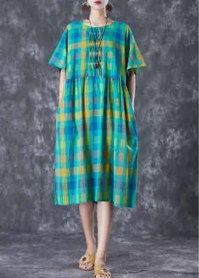 Italian Green Plaid Wrinkled Linen Vacation Dresses Summer LY7080