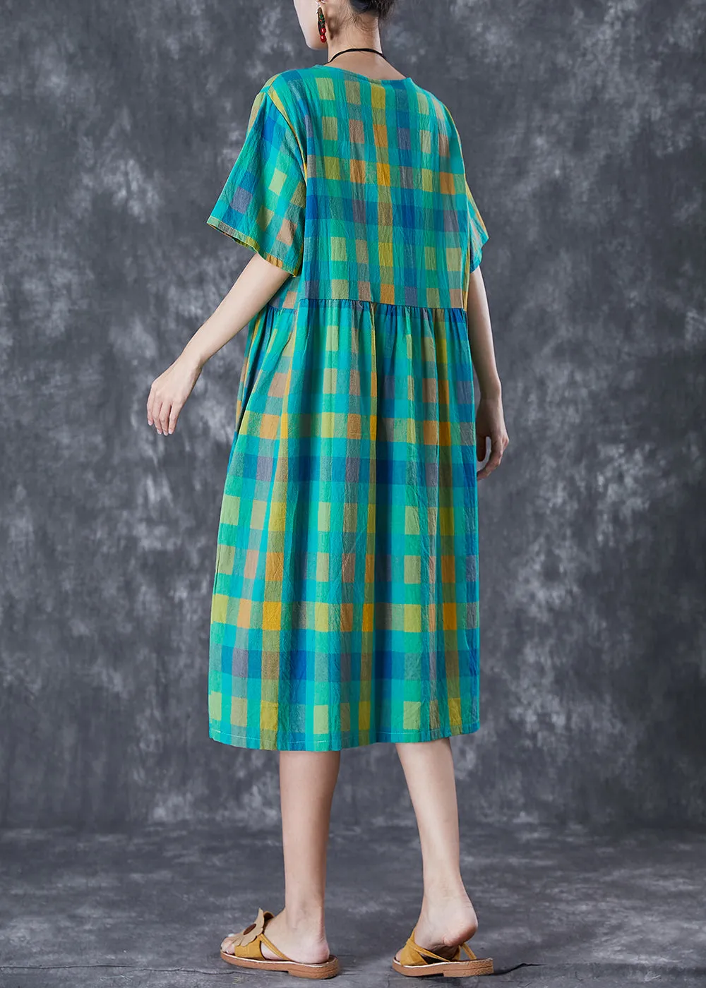 Italian Green Plaid Wrinkled Linen Vacation Dresses Summer LY7080