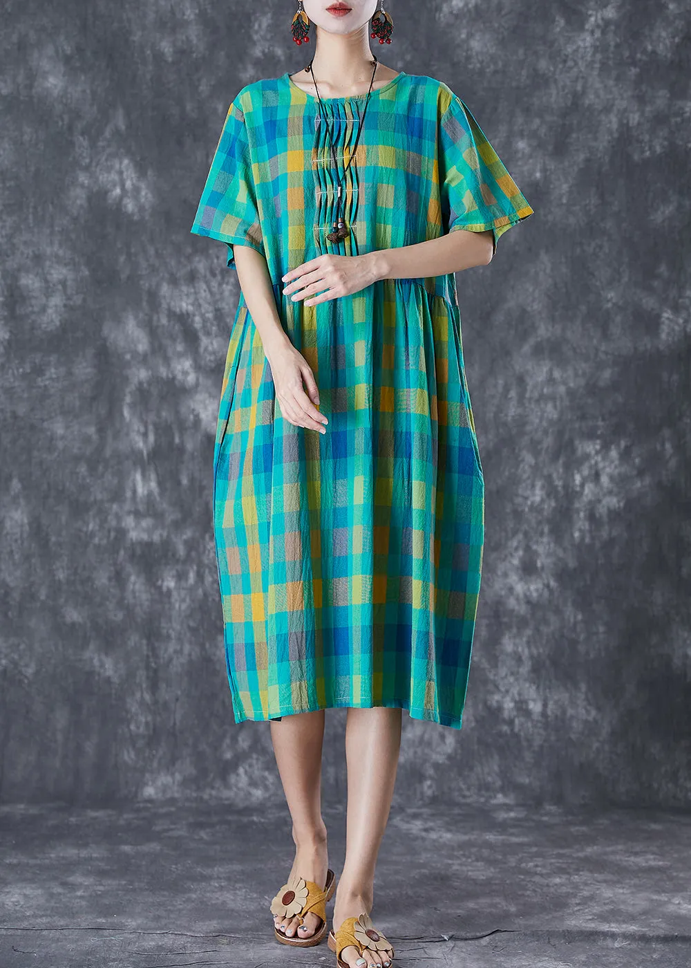 Italian Green Plaid Wrinkled Linen Vacation Dresses Summer LY7080