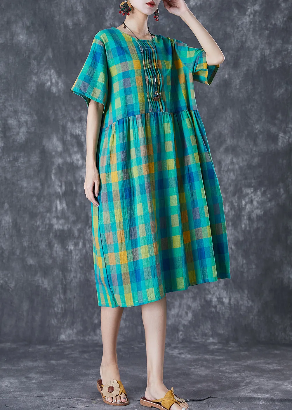 Italian Green Plaid Wrinkled Linen Vacation Dresses Summer LY7080