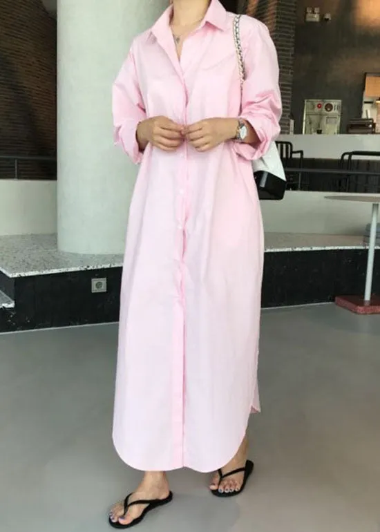 Italian Pink Peter Pan Collar side open Cotton Long shirts Dresses Spring