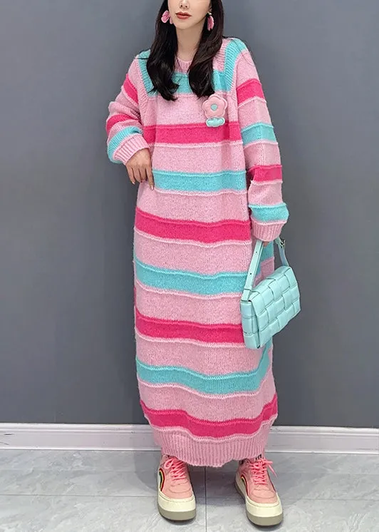 Italian Red Striped O Neck Patchwork Cotton Knit Dresses Fall ML1460