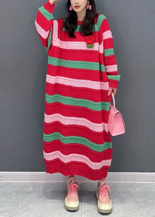 Italian Red Striped O Neck Patchwork Cotton Knit Dresses Fall ML1460