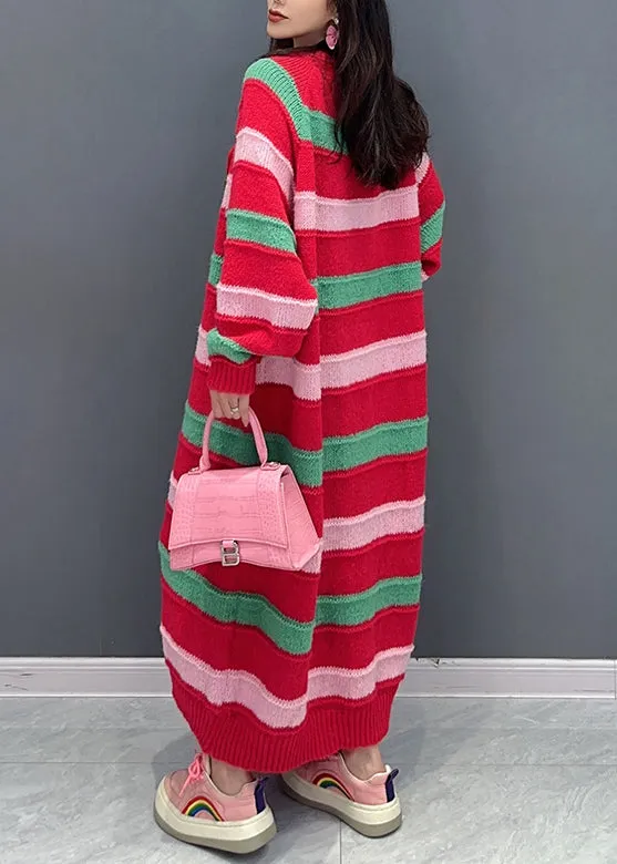 Italian Red Striped O Neck Patchwork Cotton Knit Dresses Fall ML1460