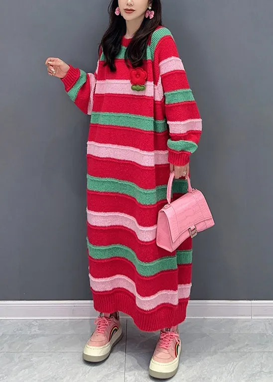 Italian Red Striped O Neck Patchwork Cotton Knit Dresses Fall ML1460