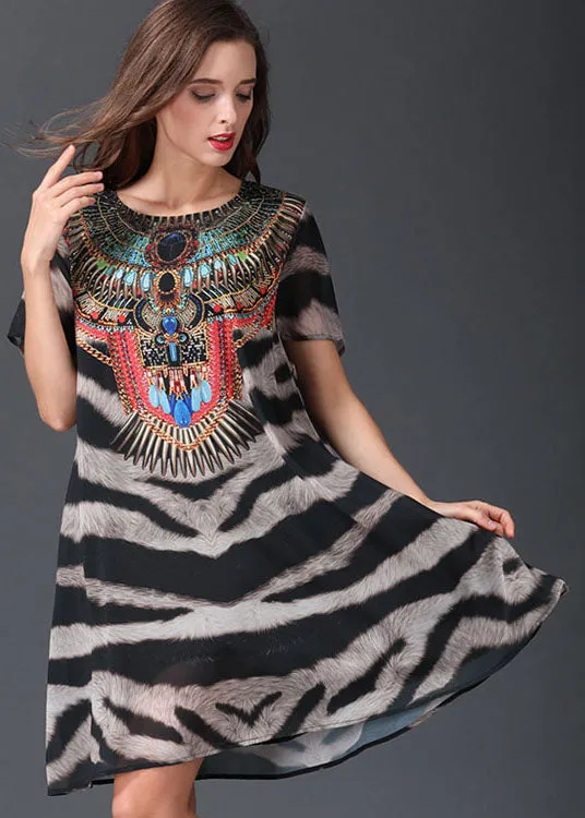 Italian Zebra Pattern O Neck Patchwork Chiffon Mid Dresses Summer LY6488