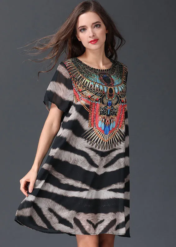 Italian Zebra Pattern O Neck Patchwork Chiffon Mid Dresses Summer LY6488