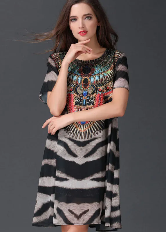 Italian Zebra Pattern O Neck Patchwork Chiffon Mid Dresses Summer LY6488