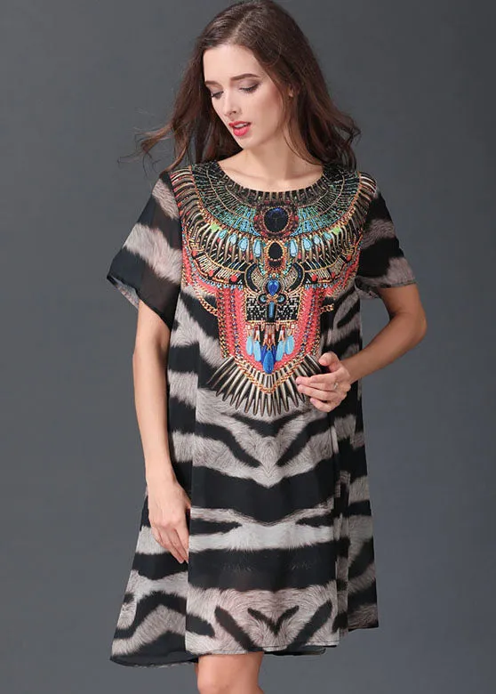 Italian Zebra Pattern O Neck Patchwork Chiffon Mid Dresses Summer LY6488