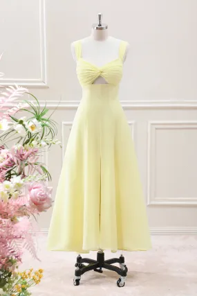 Lemon Yellow Keyhole A Line Tea Length Dress