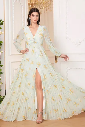 Light Green V Neck Long Sleeve Pleated Floral Maxi Dress with Slit