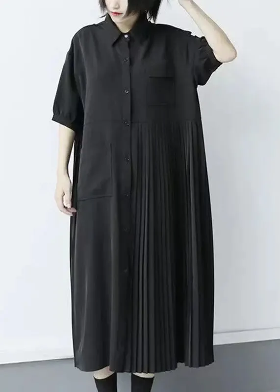 Loose Black Peter Pan Collar Patchwork Button Long Pleated Dresses Short Sleeve ML1281