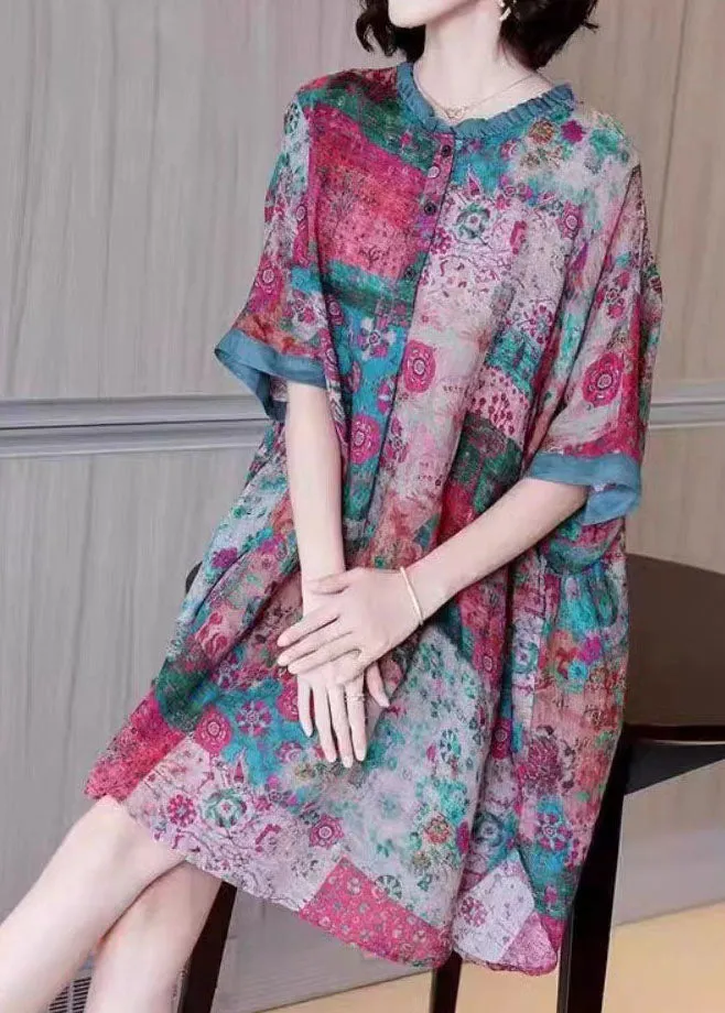 Loose Colorblock Ruffled Print Patchwork Linen Mid Dresses Summer LY6930