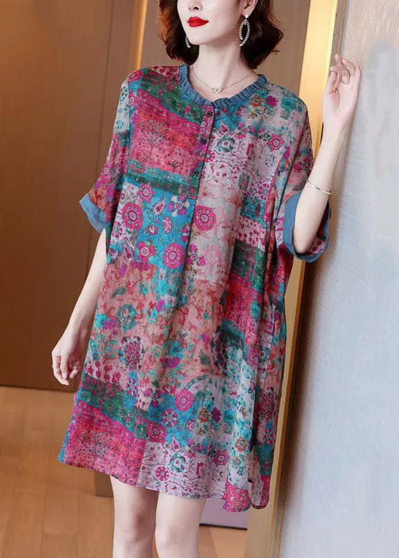 Loose Colorblock Ruffled Print Patchwork Linen Mid Dresses Summer LY6930