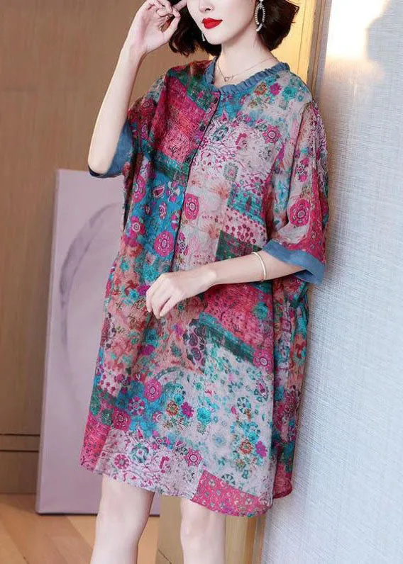 Loose Colorblock Ruffled Print Patchwork Linen Mid Dresses Summer LY6930