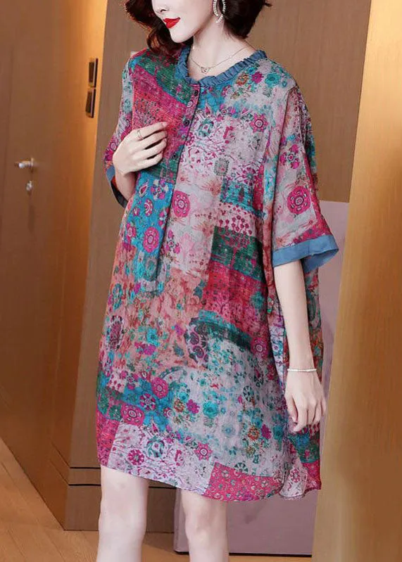 Loose Colorblock Ruffled Print Patchwork Linen Mid Dresses Summer LY6930