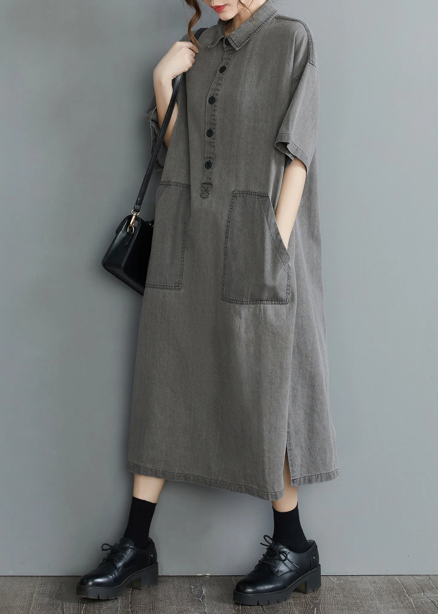 Loose Grey Peter Pan Collar Button side open Pockets Denim Dresses Short Sleeve