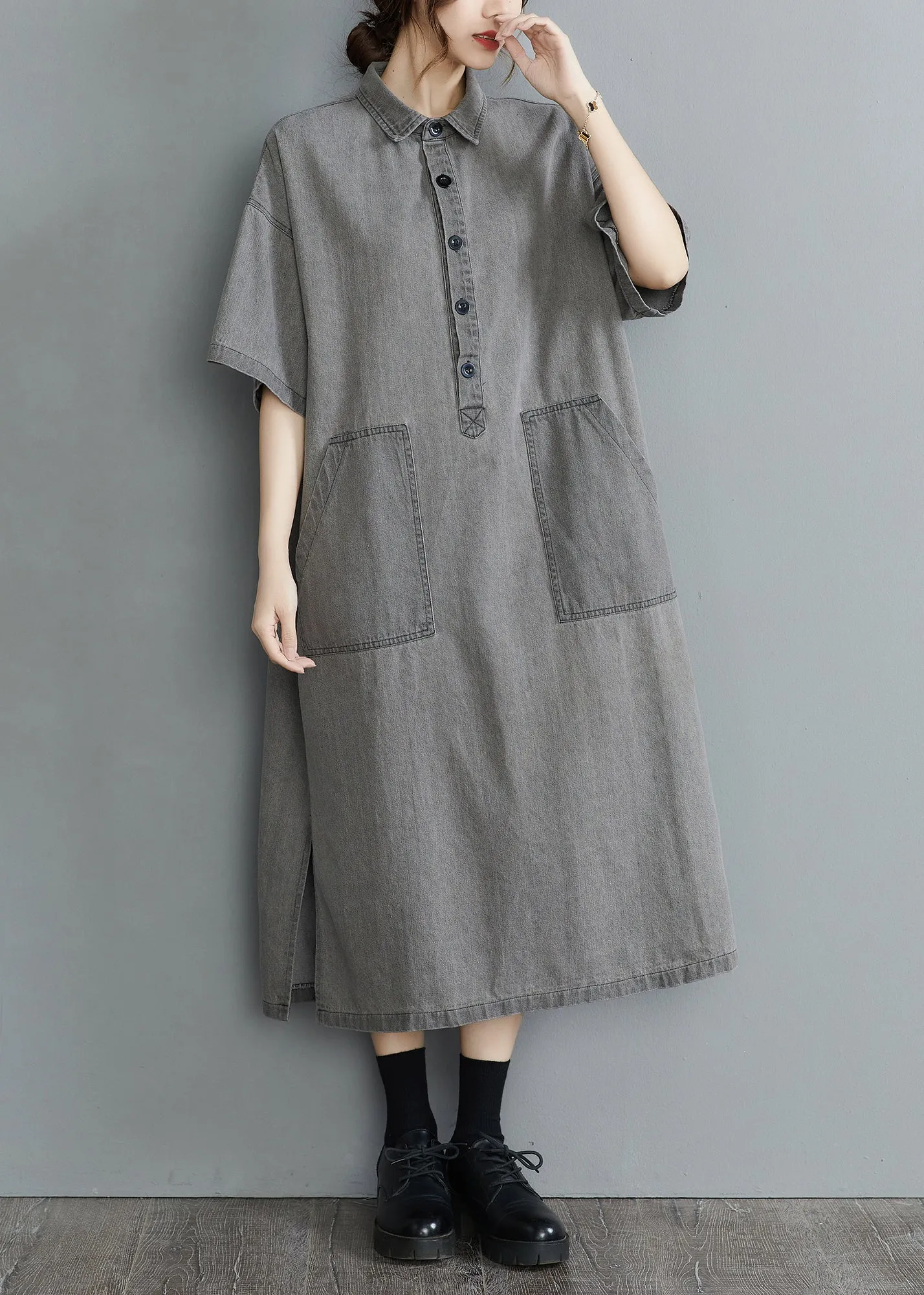 Loose Grey Peter Pan Collar Button side open Pockets Denim Dresses Short Sleeve