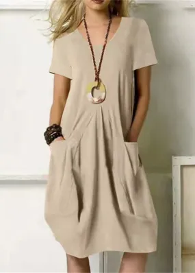 Loose Khaki O-Neck Wrinkled Solid Linen Long Dresses Short Sleeve LY3882