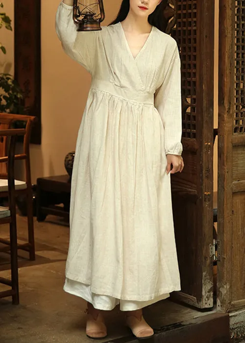 Loose Linen V Neck Wrinkled Patchwork Linen Long Dresses Fall ML0099