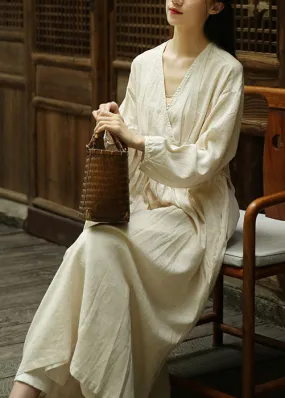 Loose Linen V Neck Wrinkled Patchwork Linen Long Dresses Fall ML0099