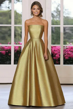 Metallic Satin Gold A Line Strapless Maxi Gala Dress